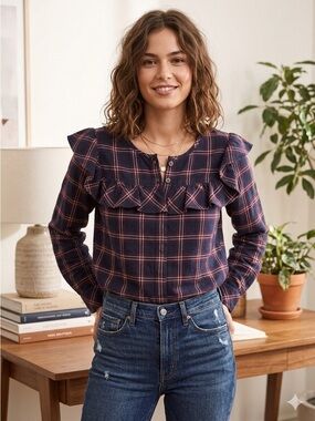 Madewell Navy Plaid Ruffle Yoke Blouse